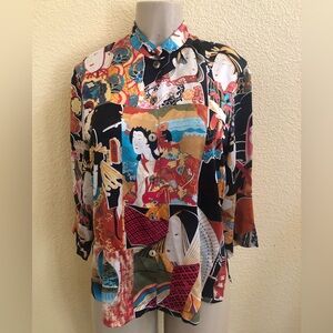 Citron Santa Monica 100% silk Asian print blouse
